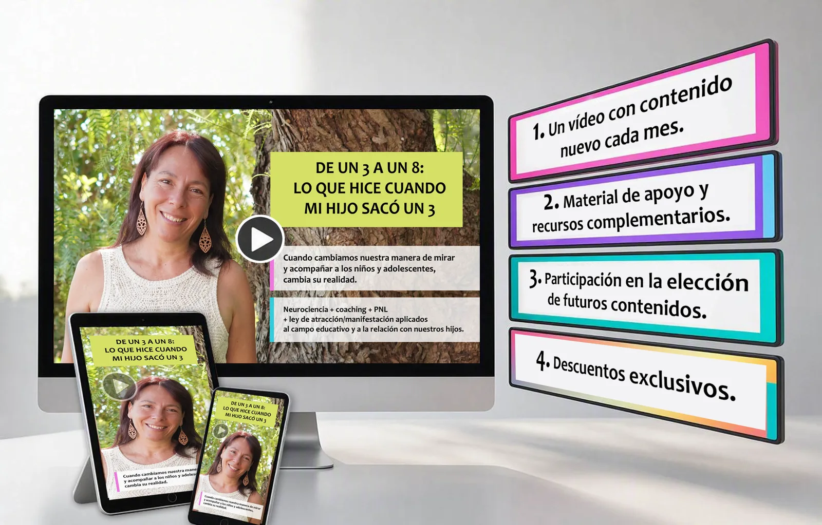 Resumen de la membresía: un vídeo con contenido nuevo cada mes, material de apoyo y recursos complementarios, participación en la elección de futuros contenidos y descuentos exclusivos