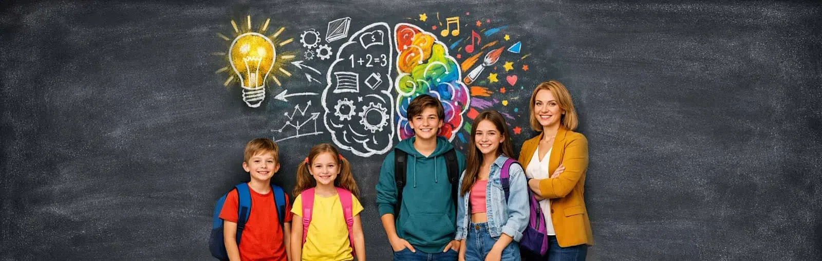 Niños y adolescentes con su profesora ante una pizarra con dibujos de inteligencia creativo-emocional